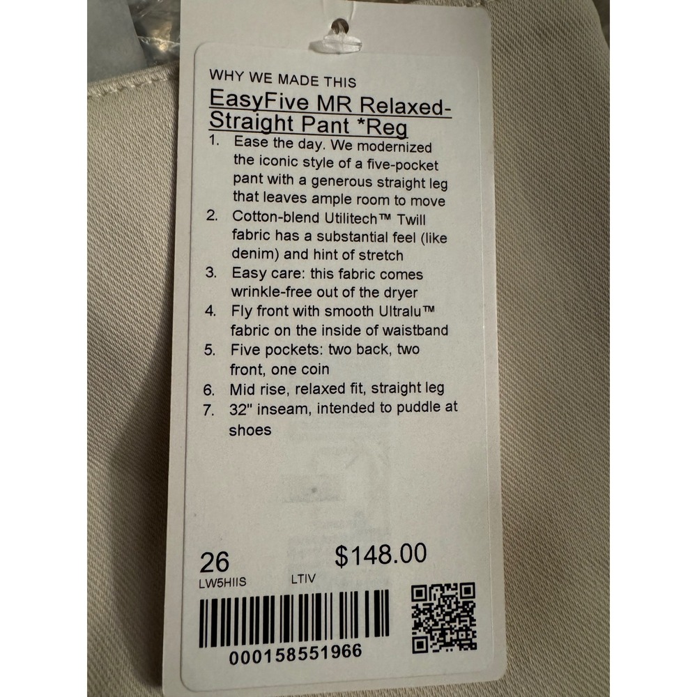 NWT LULULEMON EASYFIVE MID-RISE RELAXED STRAIGHT PANT *REG / SIZE 26 / MSRP $148 - Picture 11 of 11